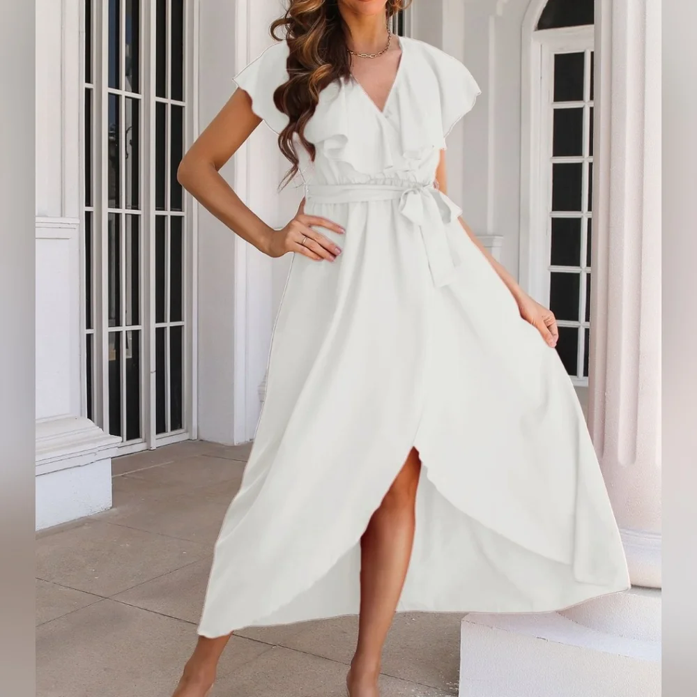 Romantic Ivory Ruffled Midi Dress with Wrap Silhouette and Slit